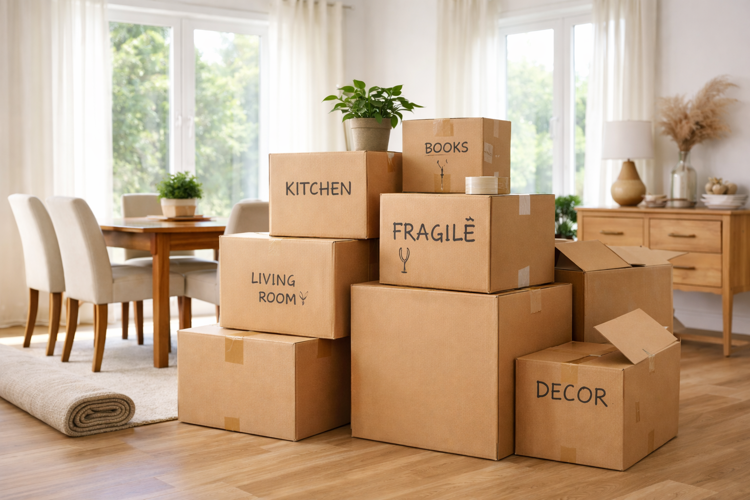 moving boxes stacked in dining room
