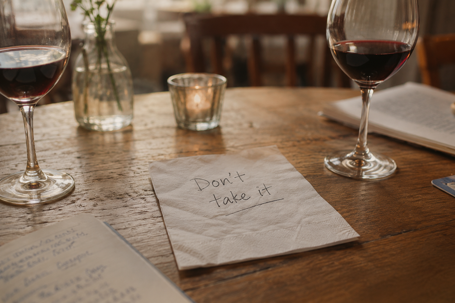 note saying don't take it with wine glasses at table