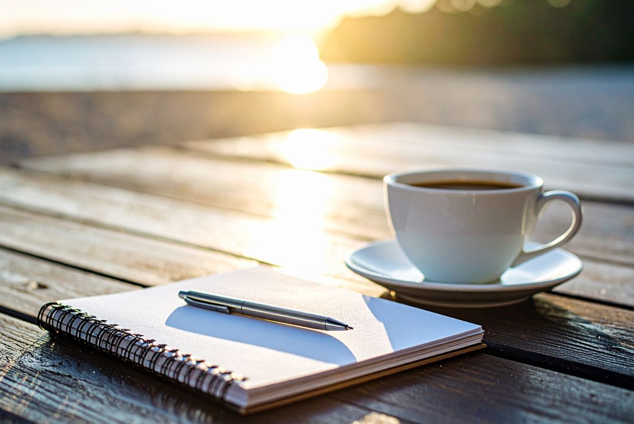 Coffee cup and notepad and pen on table at sunrise