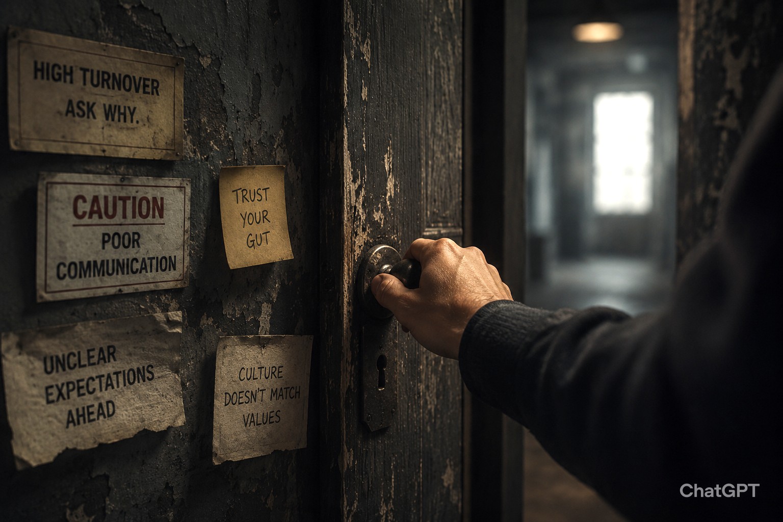 Hand on door with warning signs 